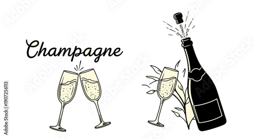 Champagne bottle and glasses in a vintage sketched illustration