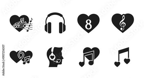 Black silhouettes of music related icons hearts headphones and notes