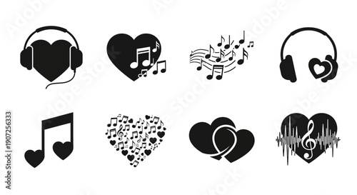Black silhouettes of hearts headphones and musical notes on white