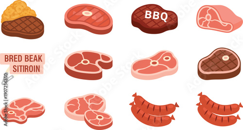 Cartoon Meat and Steak Icon Set with Beef Pork Sausages and BBQ Cuts for Restaurant Menus Food Packaging and Vector Designs