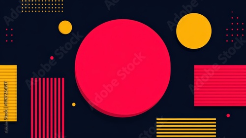 A vibrant abstract design featuring geometric shapes in red, yellow, and blue against a dark background, creating a dynamic visual composition.