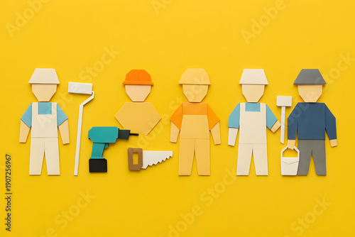 Paper Cutout Construction Workers & Tools Icons on Yellow Background: Professional Builder, Painter, and Carpenter Team Concept for DIY and Labor Day Graphics