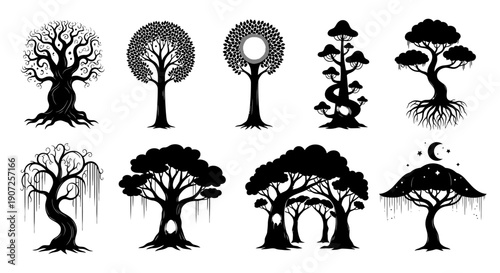 Collection of diverse black silhouette trees with varying shapes and details