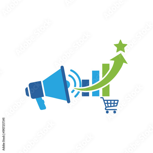 Blue megaphone broadcasting to green growth chart and shopping cart bullhorn announcement des