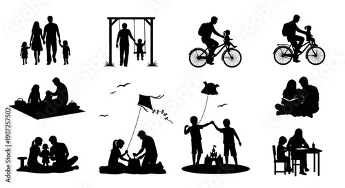 Black silhouettes depicting various family leisure activities outdoors