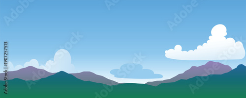 Minimalist illustration of distant mountains and green hills beneath a clear blue sky with soft clouds. Calm and open natural landscape ideal for backgrounds and modern design projects.