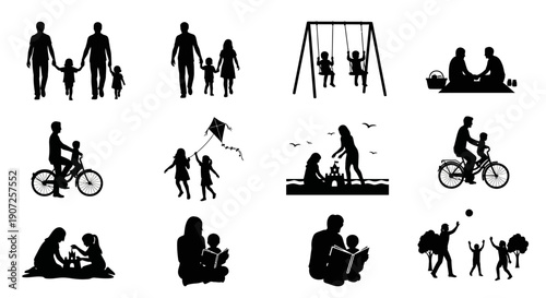 Black silhouettes depicting various family activities and leisure scenes