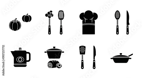 Black silhouette icons depicting various cooking utensils and ingredients