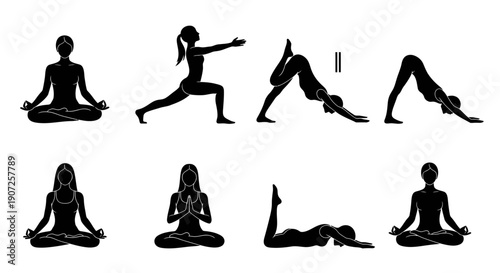 Silhouette illustrations depicting various yoga poses and meditation practices