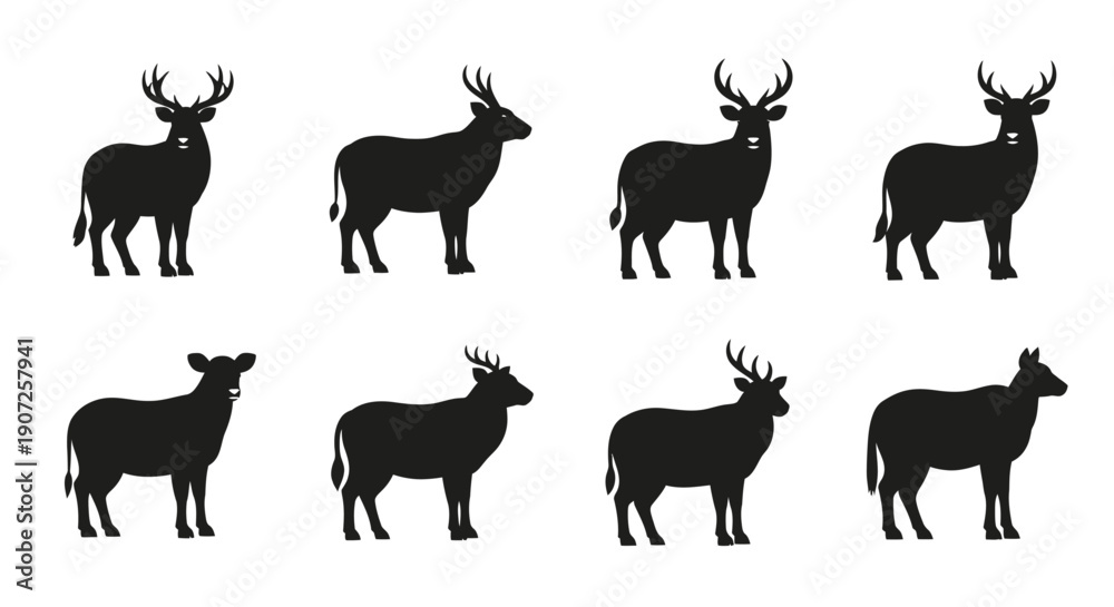Fototapeta premium Silhouettes of deer in various poses against a white background