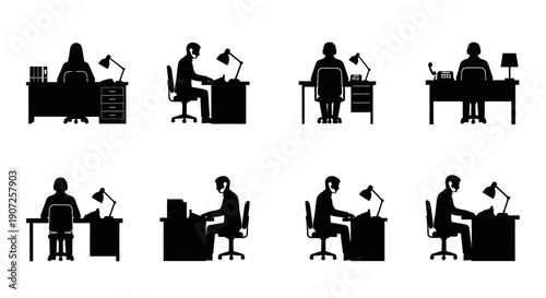 Silhouettes of people working at desks in an office environment