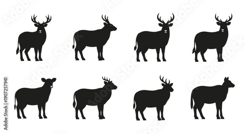 Silhouettes of deer in various poses against a white background