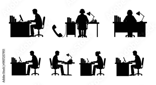 Silhouettes of people working at desks in various positions