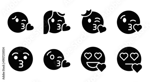 Collection of black and white emoji icons depicting love and affection