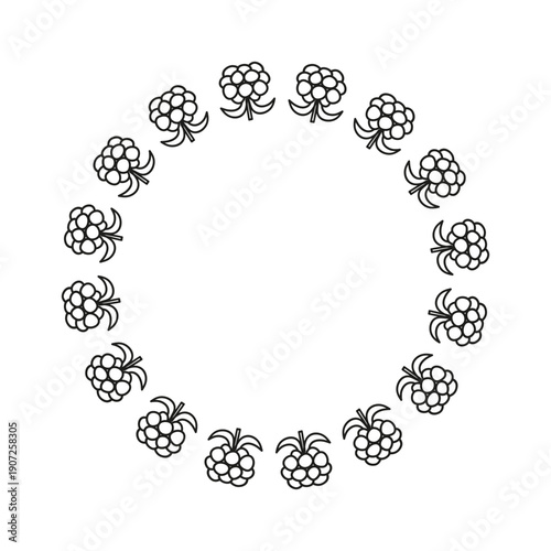 Cute round wreath with doodle outline cloudberries isolated on white background.