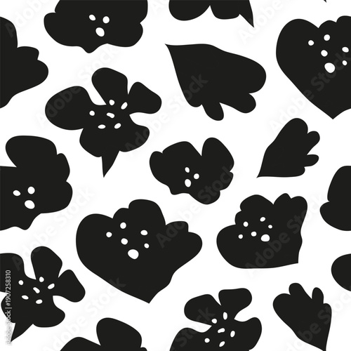 Bold black and white seamless pattern with hand drawn big rapeseed flowers. Blooming canola plants.