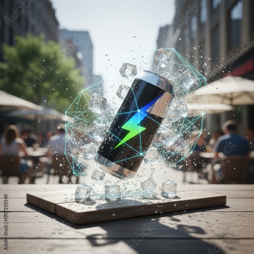 A can of energy drink is being thrown into the air with ice cubes surrounding it