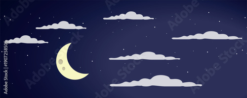 Minimalist night sky illustration with crescent moon, soft clouds, and stars. Calm and dreamy atmosphere ideal for backgrounds, bedtime themes, fantasy design, and modern graphic projects.