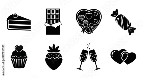Black and white icons depicting various sweet treats and celebratory items
