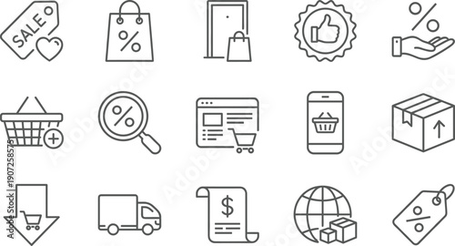Linear vector icon set for e-commerce and online shopping featuring sale tags shopping bags delivery trucks mobile apps discount percentages and global shipping logistics