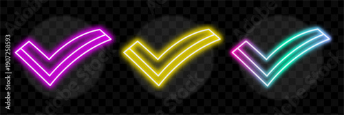 Neon Checkmarks Set, Glowing Validation Icons, Approval Symbols Vector Illustration