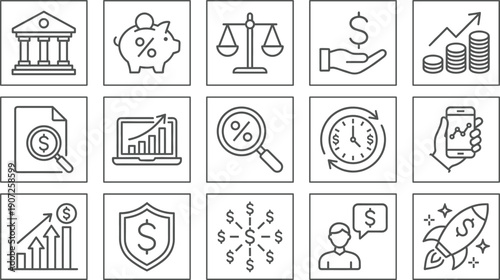 Linear vector icon set for banking and financial growth featuring bank buildings piggy banks justice scales coin stacks dollar signs and business rocket startups