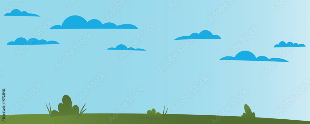 Obraz premium Minimalist illustration of a green field with bushes under a clear blue sky and soft clouds. Calm and simple natural landscape ideal for backgrounds and modern design projects.