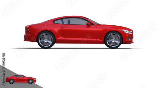 Generic, unbranded, sporty red car with rotating wheels, side view