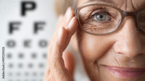 Older woman adjusting eyeglasses with eye chart behind, vision test and optometry concept, customizable image ideal for clinic websites, health education, or eyesight check campaigns.