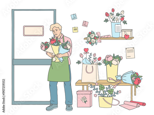 Vector illustration of a florist holding several flower bouquets near the flower shop entrance. Floral design work and bouquet delivery concept on white background.