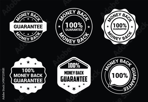 White money back guarantee labels and seals on black background