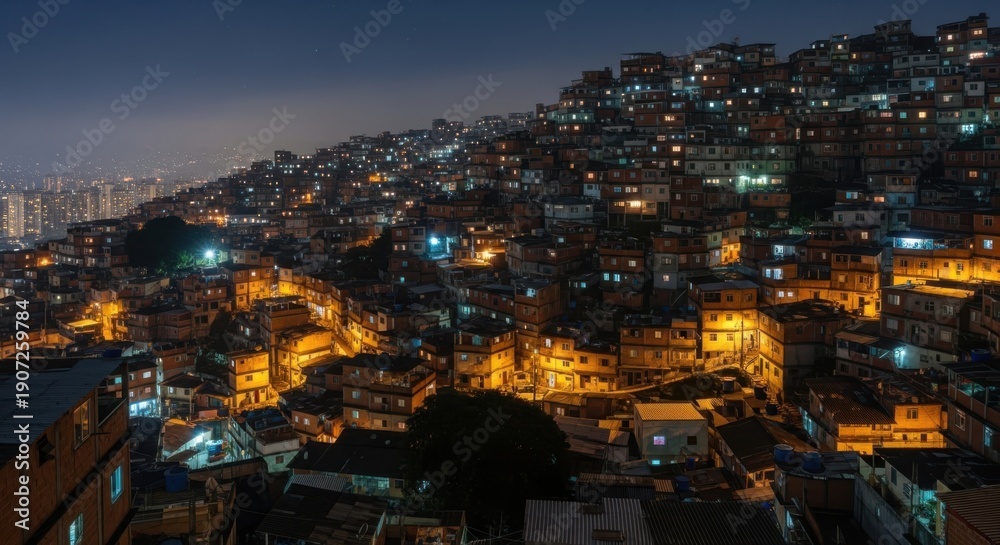 Fototapeta premium Brazilian hillside community illuminating urban nightscape