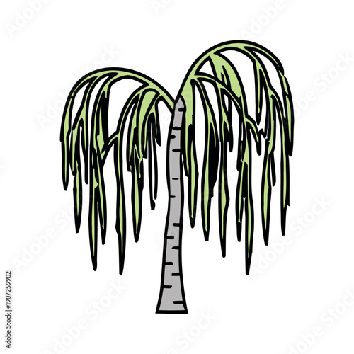 Stylized weeping willow tree illustration with drooping green branches and a textured grey trunk. Artistic botanical design.