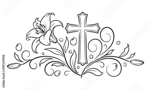 Elegant floral cross line art vector religious lily flower ornament Illustration