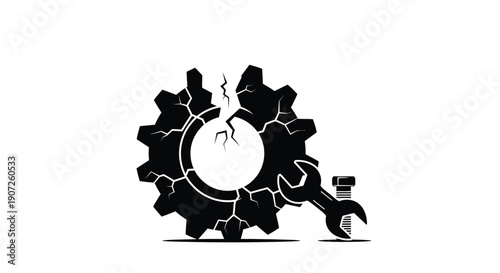 Black and white illustration of a gear cracking to reveal an egg with a wrench
