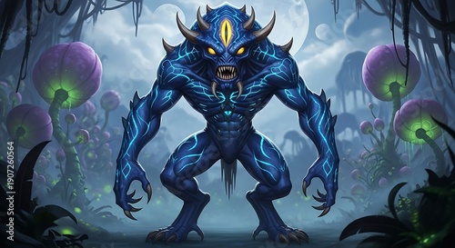 Bipedal monstrous creature with glowing blue markings stands in a strange luminous jungle environment