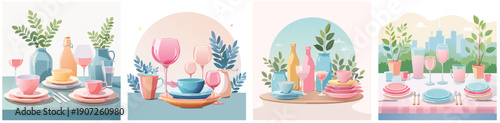 Easter Pastel Table Setting Vector Set – Modern Spring Dinner Illustration Collection