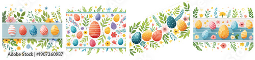 Easter Floral Egg Border Vector Set – Colorful Spring Decorative Illustration Collection