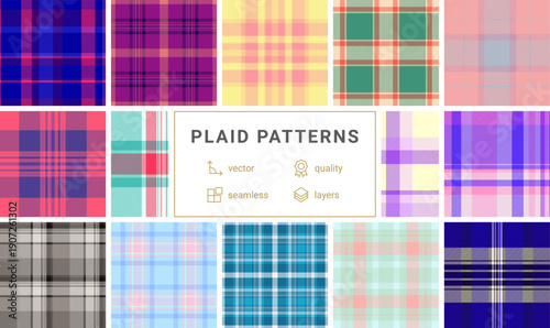 Decorative plaid collection built for digital presentations. Classic tartan textures enhance slides, reports, and online visuals. Vector format scales effortlessly.