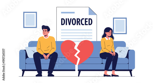 Modern flat vector illustration of divorced couple sitting apart on sofa with broken heart symbol, emotional distance, relationship conflict, separation concept, solid colors, clean design