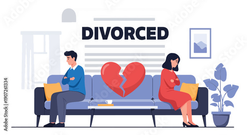 Modern flat vector illustration of divorced couple sitting apart on sofa with broken heart symbol, emotional distance, relationship conflict, separation concept, solid colors, clean design