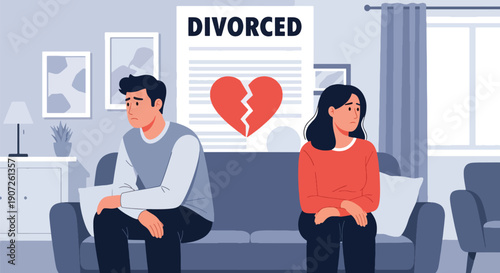Modern flat vector illustration of divorced couple sitting apart on sofa with broken heart symbol, emotional distance, relationship conflict, separation concept, solid colors, clean design