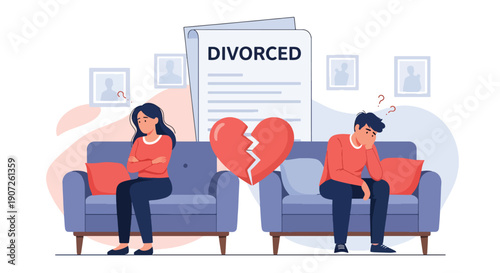Modern flat vector illustration of divorced couple sitting apart on sofa with broken heart symbol, emotional distance, relationship conflict, separation concept, solid colors, clean design