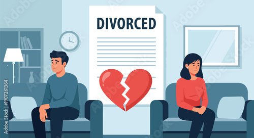 Modern flat vector illustration of divorced couple sitting apart on sofa with broken heart symbol, emotional distance, relationship conflict, separation concept, solid colors, clean design
