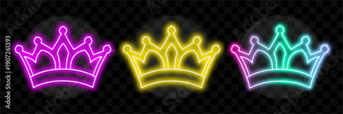 Neon Crowns Collection, Regal Headwear Icons, Vibrant Royalty Symbols For Design
