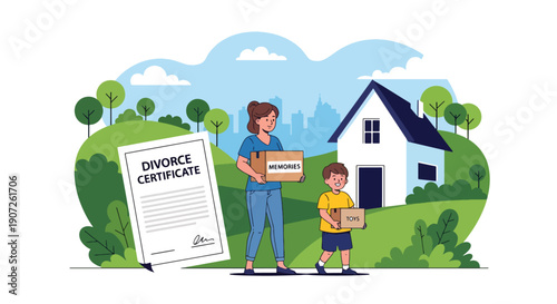Flat vector illustration of mother and child carrying boxes into new house after divorce, hopeful fresh start and family transition concept, solid colors, clean design