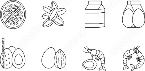 Food Ingredient Line Icon Set with Seeds Milk Eggs Nuts and Shrimp for Healthy Nutrition Labels Grocery Packaging and Clean Vector Designs