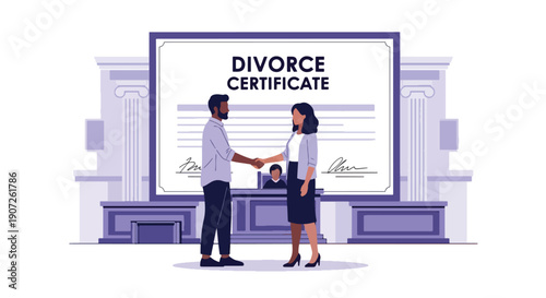 Modern flat vector illustration of couple shaking hands after divorce agreement, mutual respect and peaceful separation concept, clean background, solid colors