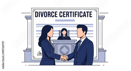 Modern flat vector illustration of couple shaking hands after divorce agreement, mutual respect and peaceful separation concept, clean background, solid colors