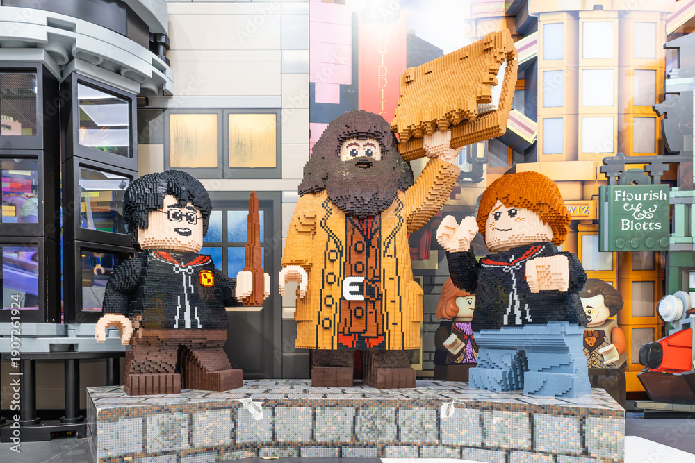 Fototapeta premium Large brick built Harry Potter and Hagrid figures at a Lego store. London, UK, 2 June 2024